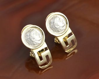 Greek coin 14K gold clip on earrings, Alexander the Great earrings, antique coin earrings, 14K gold clip earrings, Greek coin clip earrings