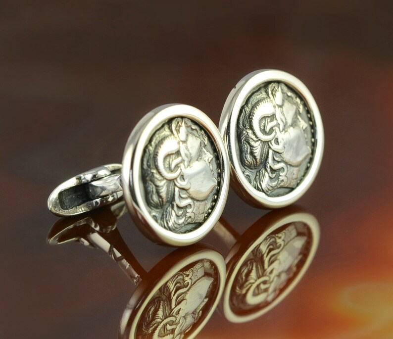 Alexander the Great silver cufflinks, coin cufflinks, silver cufflinks, cuff links, mens jewelry, gift for men, mens gift, antique coin type A