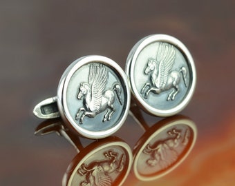 Pegasus silver cufflinks, mens cufflinks, mens jewelry, cuff links, gift for men, jewelry for men, mens gift, man gift, horse gifts, coin