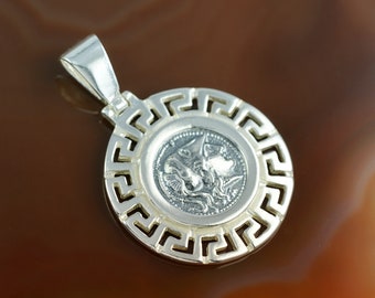 Athena Greek Key silver pendant, Athena pendant, coin pendant, antique pendant, coin necklace, greek key pendant, Athena coin, greek jewelry