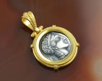 Athena coin silver golden pendant, Athena pendant, Athena necklace, coin necklace, antique coin pendant, greek pendant, ancient coin, Athena