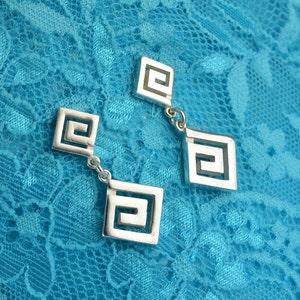 greek key silver earrings, greek key earrings, greek earrings, greek jewelry, anniversary gift, gift for wife, bohemian earrings
