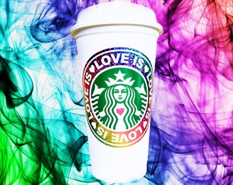 Love is Love Personalized Starbucks Pride 16oz Hot Cup Coffee Travel Tumbler Mug - LGBTQ Gay Pride Rainbow - StarTangledArts