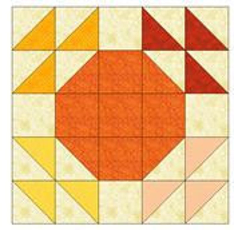 May include: A quilt block with a large orange octagon in the center surrounded by yellow, orange, and red triangles.