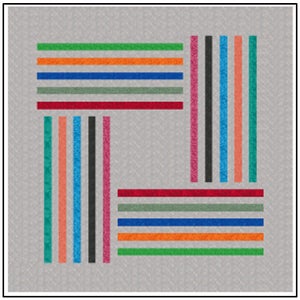 May include: Abstract geometric design with vertical and horizontal lines in teal, orange, red, blue, and grey colours.