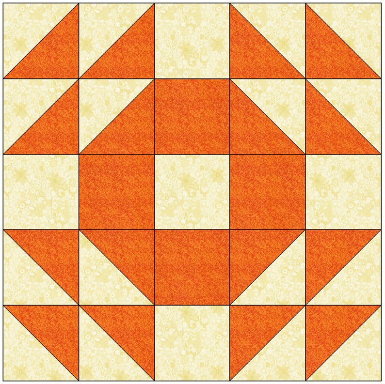 May include: A quilt block pattern with a central orange square surrounded by a ring of orange triangles. The background is a light yellow with a subtle floral pattern.