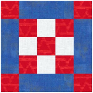 May include: A red, white, and blue quilt block with a checkerboard pattern. The center of the block is white, surrounded by red squares with a geometric pattern, and the outer border is blue.