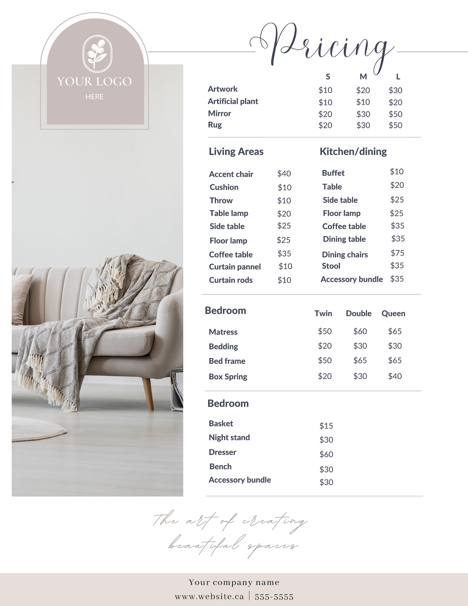 Home Staging Rental Pricing List & Services Offered Canva Template Etsy