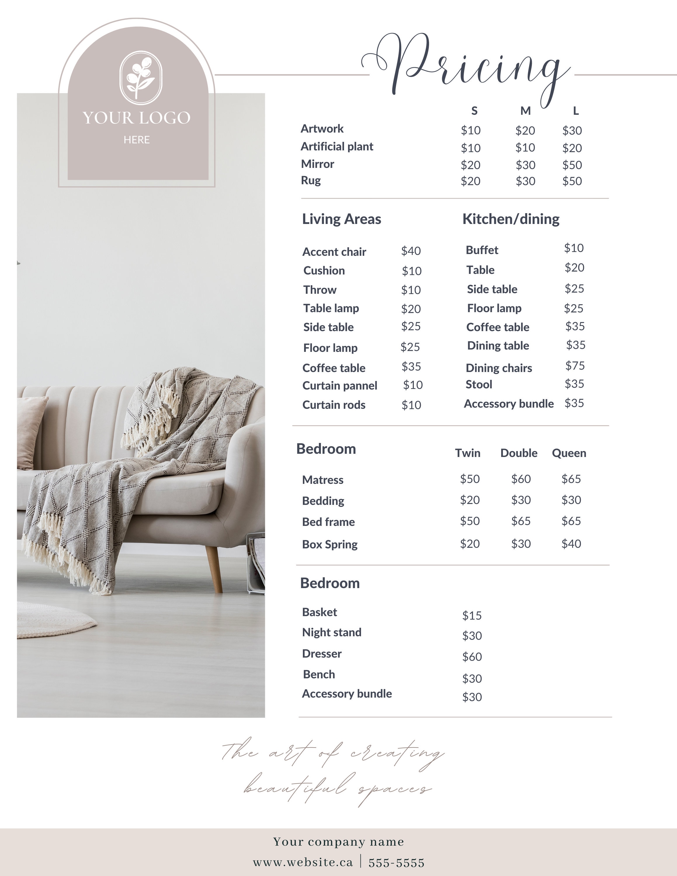 Home Staging Rental Pricing List & Services Offered Canva Template Etsy