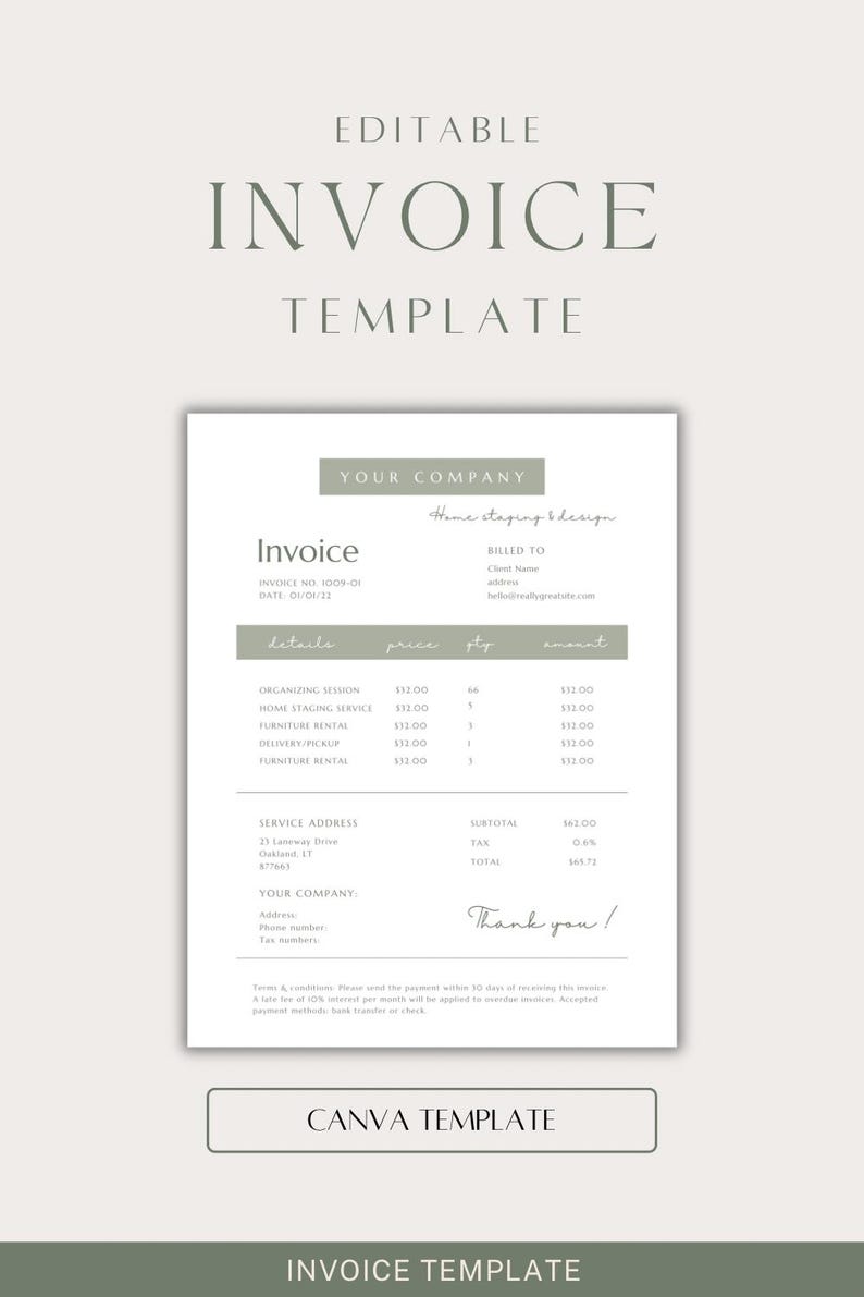 Minimalist Editable | INVOICE Template | Home Staging Resource | Canva ...