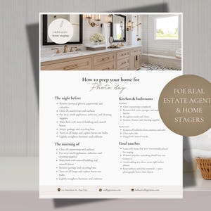 Könnte beinhalten: Ein beigefarbener und weißer Flyer mit dem Text „So bereiten Sie Ihr Zuhause auf den Fototag vor“. Er enthält Tipps für Immobilienmakler und Home Stager. Im Hintergrund ist eine Badezimmerszene zu sehen.