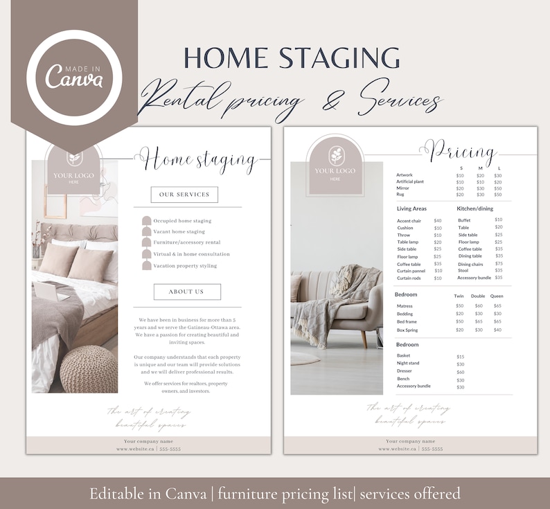 Home Staging Rental Pricing List & Services Offered Canva Template Etsy
