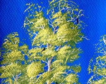 Álamos temblones, amarillos: pintura acrílica y goache, 5 x 7 pulgadas