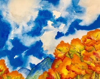 Álamos y cielo 2012 - Acuarela original de 28 x 35 cm