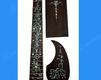 May include: A set of guitar parts including a fretboard, headplate, and pickguard. The parts are made of wood and feature a floral design with abalone inlay.