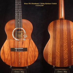 Handgemachte 5-Saiter Bariton-Ukulele, Massiv Hawaiianisches Koa, Mahagoni, Riegelahorn, mit floralen Intarsien, Stofftasche, ohne Tasche, Burberry Wei UG19-2330