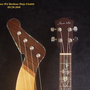 Handgemaakte bariton HARP-ukelele, massief sparrenhout en acacia, dweil abalone-inlegwerk, harde koffer, Bruce Wei HU20-2048