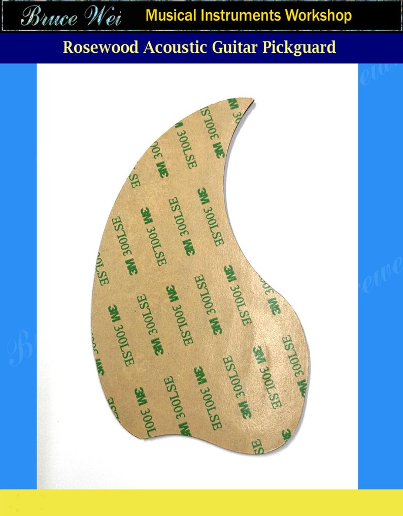 May include: A brown acoustic guitar pickguard with a rounded shape and adhesive backing. The pickguard is covered in 3M 300LSE adhesive tape.