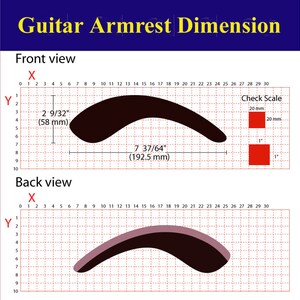 K&ouml;nnte beinhalten: Diagramm, das die Vorder- und R&uuml;ckseite einer Gitarrenarmlehne mit Ma&szlig;en in Zoll und Millimetern zeigt. Die Armlehne ist schwarz und hat eine gebogene Form.