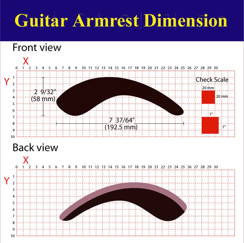K&ouml;nnte beinhalten: Diagramm, das die Vorder- und R&uuml;ckseite einer Gitarrenarmlehne mit Ma&szlig;en in Zoll und Millimetern zeigt. Die Armlehne ist schwarz und hat eine gebogene Form.