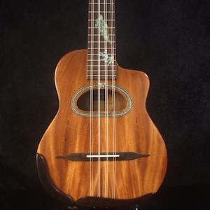 May include: A brown tenor ukulele with eight strings. The instrument has an oval sound hole and a dark brown bridge. The fretboard features decorative inlays. The text "Bruce Wei 8 String Tenor Ukulele" is visible at the top.