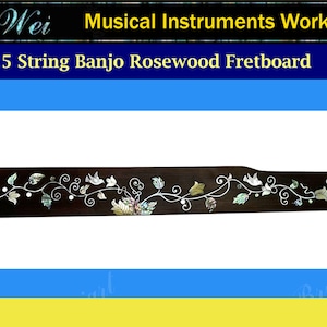 May include: A close-up of a 5-string banjo rosewood fretboard with a decorative inlay of a vine with leaves and birds. The inlay is made of mother-of-pearl and other materials.