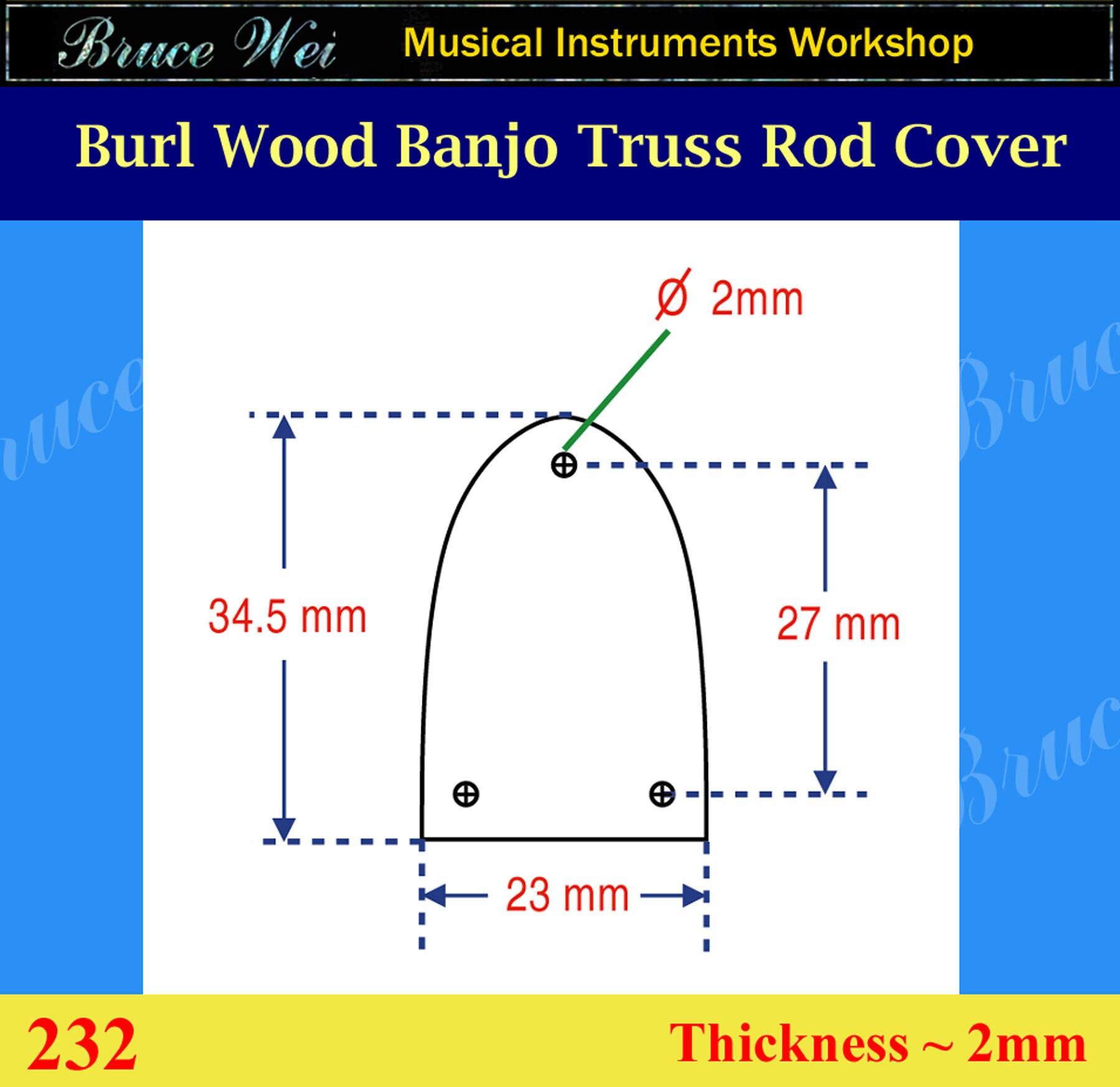 Bruce Wei, Burl Wood Banjo Truss Rod Cove W/ Abalone Inlay