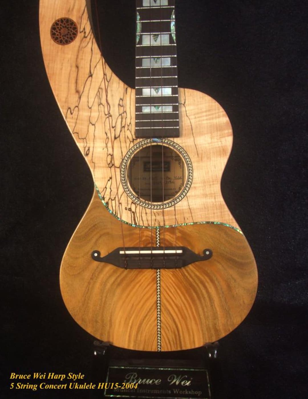 Handmade 5 String Harp Style Concert Ukulele, Solid Spalted Curly Maple ...