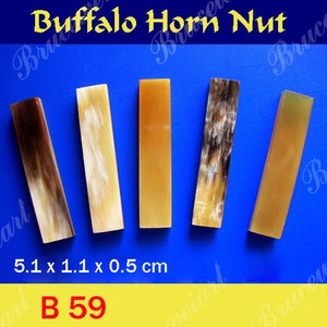 May include: Five rectangular pieces of buffalo horn nut, each measuring 5.1 x 1.1 x 0.5 cm. The pieces are arranged in a row on a blue surface. The text "Buffalo Horn Nut" is written in yellow letters on a blue background above the pieces. The text "B 59" is written in red letters on a yellow background below the pieces.