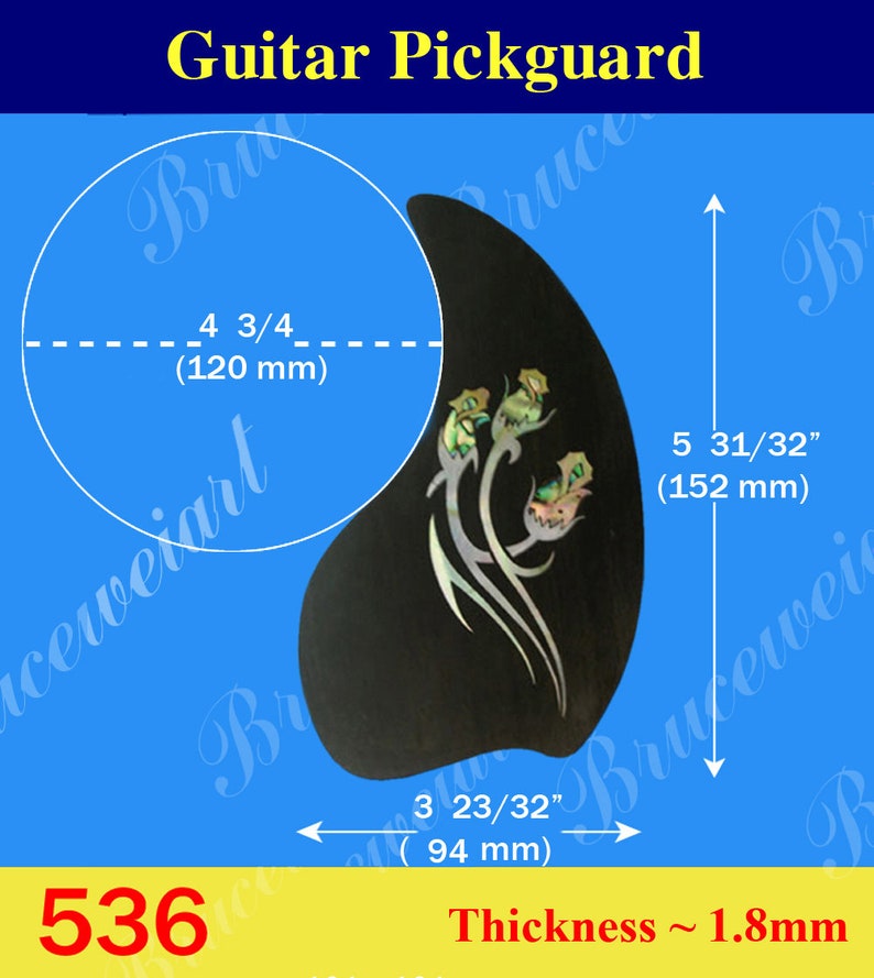May include: Black guitar pickguard with a floral design, measuring 5 31/32 inches by 3 23/32 inches and 1.8 mm thick.