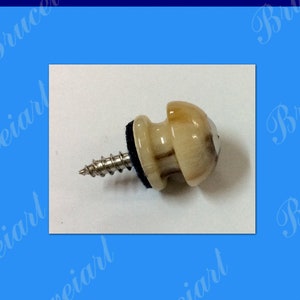May include: A horn end pin with the text "Horn End Pin" in yellow. The pin is light brown with a silver screw. The number "002" is at the bottom. The background is blue with white text.