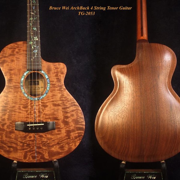 Handcrafted 4 String Tenor Guitar, Quilted Spalted Maple, Mahogany ARCH-BACK Cutaway , Vine Inlay, Soft-bag, Bruce Wei TG-2053