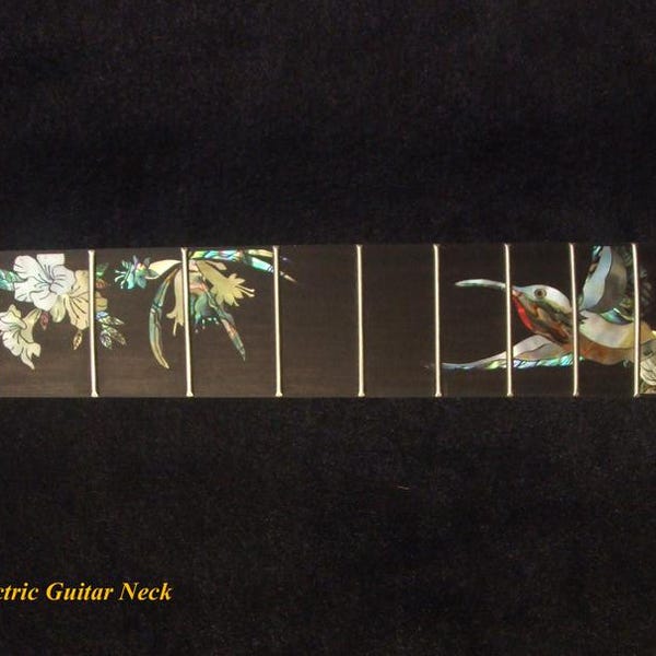 Manche strat de rechange pour gaucher, ébène de macassar massif fabriqué à la main, colibri, incrustation florale, Bruce Wei GN-2094
