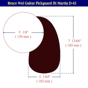 Puede incluir: Un golpeador de guitarra marr&oacute;n oscuro para una guitarra Martin D-45. El golpeador tiene forma de l&aacute;grima y mide 130 mm de ancho, 183 mm de largo y 102 mm en su base. Se muestra el texto "Bruce Wei Guitar Pickguard fit Martin D-45". Accesorio de instrumento musical.