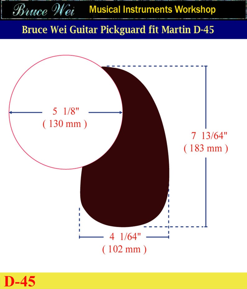 Puede incluir: Un golpeador de guitarra marr&oacute;n oscuro para una guitarra Martin D-45. El golpeador tiene forma de l&aacute;grima y mide 130 mm de ancho, 183 mm de largo y 102 mm en su base. Se muestra el texto "Bruce Wei Guitar Pickguard fit Martin D-45". Accesorio de instrumento musical.