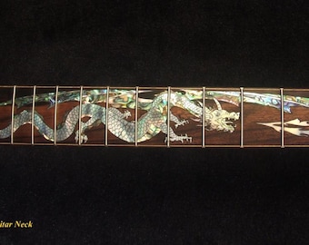 Handcrafted Electric Guitar Replacement Strat Neck, Solid Macassar Ebony, Dragon Abalone MOP Inlay, Bruce Wei GN-2108