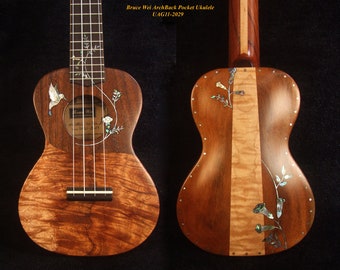 Bruce Wei Carved Archback Solid Curly Hawaiian Koa, Acacia Piccolo/ Pocket Ukulele, HummingBird Inlay UAG11-2029