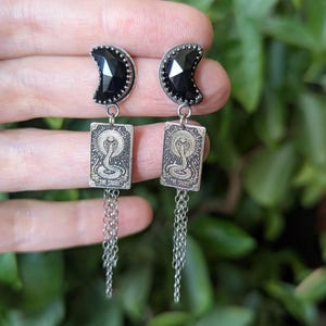 925 Sterling Silber Schwarz Onyx Crescent Moon Tarot inspiriert Kette Quaste baumeln Ohrringe | Ohrstecker