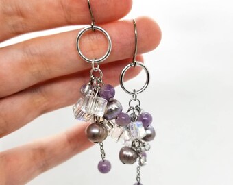 Amethyst Pearl Crystal Drop Earrings