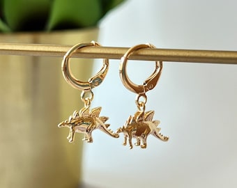 Dainty Gold Dinosaur Huggie Hoop Earrings, Hoop Earrings with Charm, Huggie Hoop Earrings, Small Gold Hoops, Dinosaur Earrings