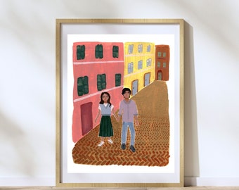 A walk down the streets of Rome - gouache painting print - 16x20