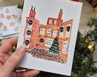 Christmas Village Card - Watercolor Holiday Card - Set of Blank Cards