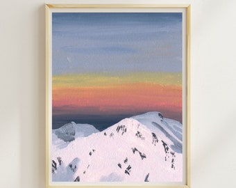 Snowy mountain sunset illustration - gouache painting print - 16x20