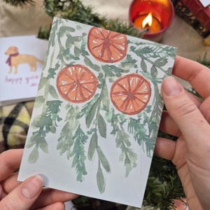 Holiday Card - Orange and Greenery Watercolor Card - Set of Blank Cards