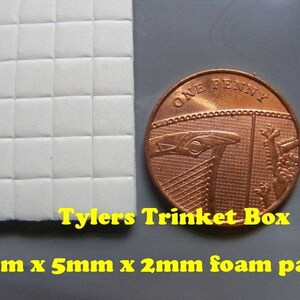 May include: A sheet of white foam pads with a grid pattern. The pads are 5mm x 5mm x 2mm in size. A British penny coin is included for scale. The text "Tylers Trinket Box" is printed below the foam pads.