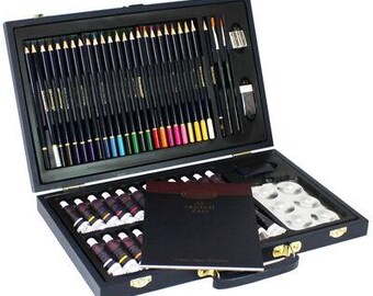 56 Pce Mixed Media Art Set in Carry Case  Watercolour Paint Pencils Acrylic Paint Aluminium Palettte Round Flat Brush A5 Sketch Pad  Eraser