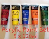 Acrylic Paint Set 120ml Tubes x 5  Ultramarine Blue  Orange Cadmium Yellow   Cadmium Red  & Sap Green  Primary Colours