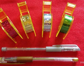 4 x Holographic Tape Metallic 2 Gel Pens Foil Washi Patterned Silver Gold Red or Green Christmas Gift Parcel Wrapping Scrapbooking Craft