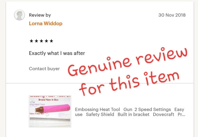 May include: A pink embossing heat tool with a black tip and a black handle. The tool is in a clear plastic box with the words "Brand New in Box" printed on it. The tool has two speed settings and a safety shield. The text "Embossing Heat Tool Gun 2 Speed Settings Easy use Safety Shield Built in bracket Dovecraft Pr..." is visible below the image.
