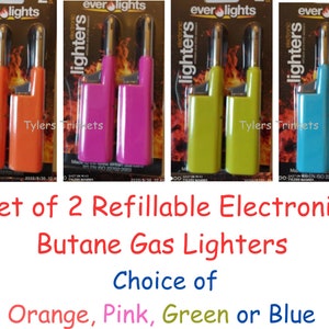 Set of 2  Electronic Refillable  Butane Gas Lighters  Child Resistant  Pink  Green  Blue  Or Orange